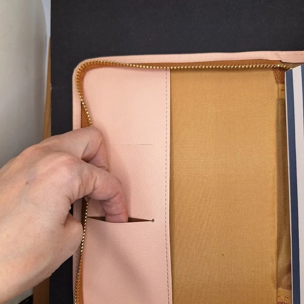 Pink leather journal planner book removeable jacket wallet compartment zipper